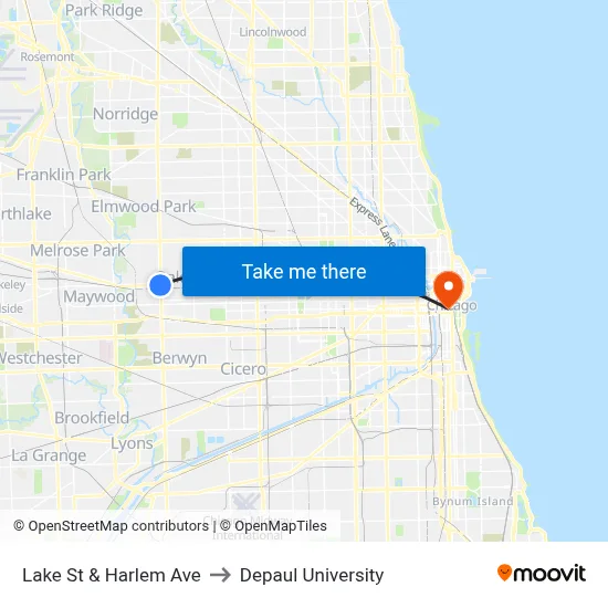 Lake St & Harlem Ave to Depaul University map