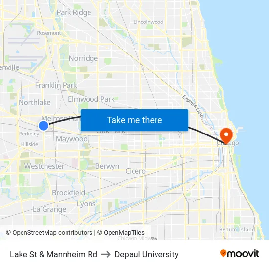 Lake St & Mannheim Rd to Depaul University map