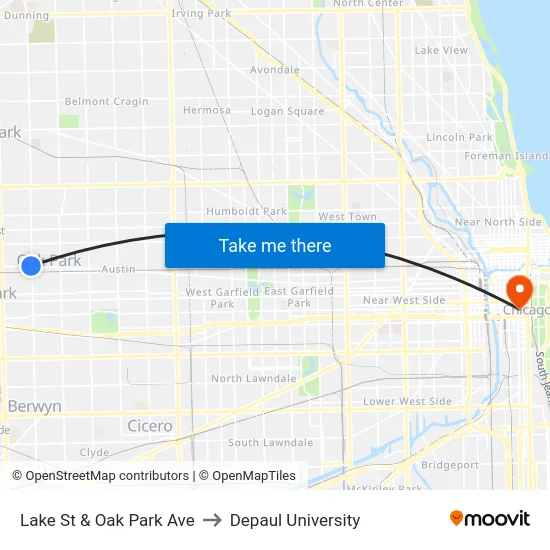 Lake St & Oak Park Ave to Depaul University map