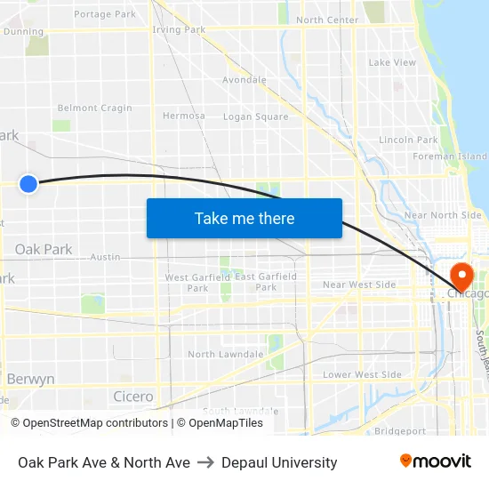 Oak Park Ave & North Ave to Depaul University map