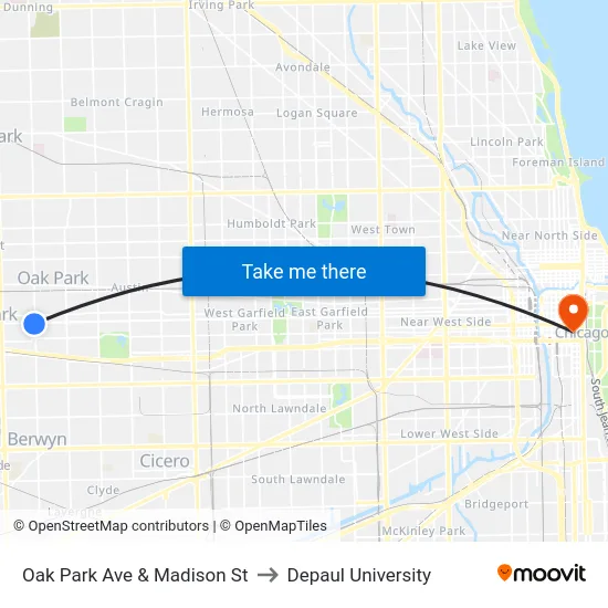 Oak Park Ave & Madison St to Depaul University map