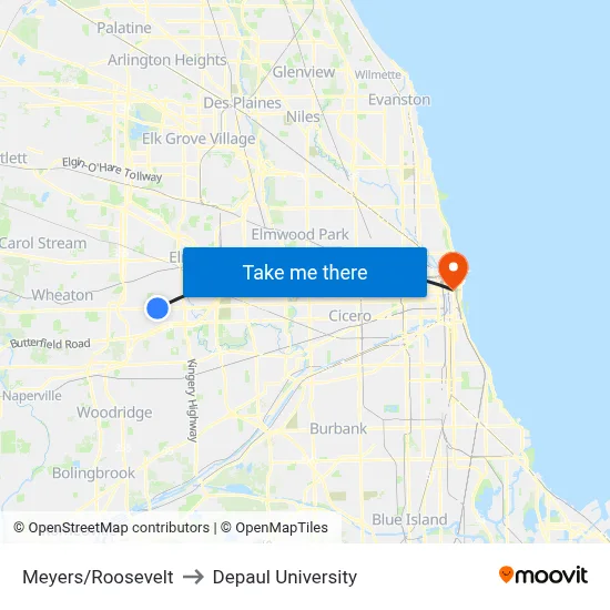 Meyers/Roosevelt to Depaul University map