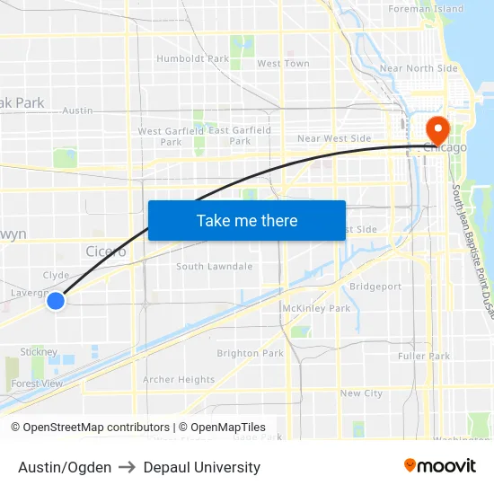 Austin/Ogden to Depaul University map