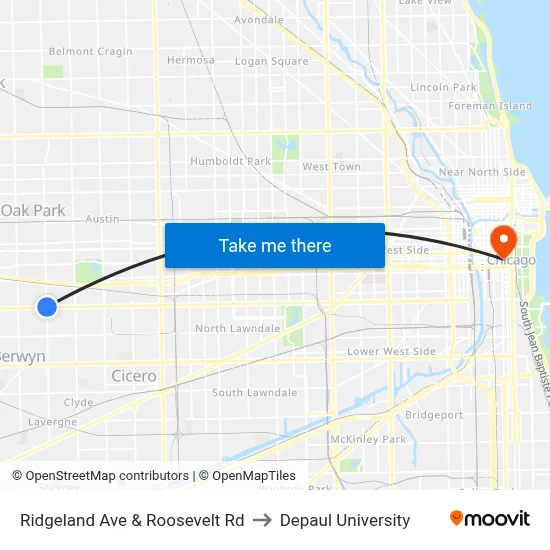 Ridgeland Ave & Roosevelt Rd to Depaul University map