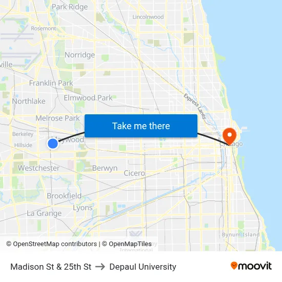 Madison St & 25th St to Depaul University map