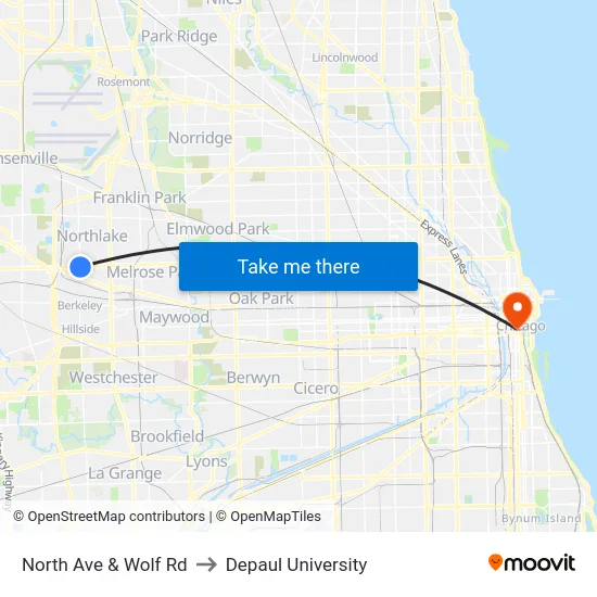 North Ave & Wolf Rd to Depaul University map