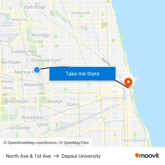 North Ave & 1st Ave to Depaul University map
