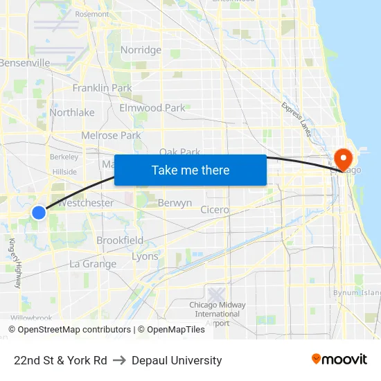 22nd St & York Rd to Depaul University map