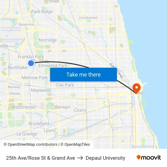 25th Ave/Rose St & Grand Ave to Depaul University map