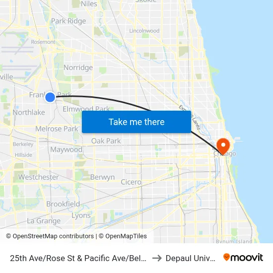 25th Ave/Rose St & Pacific Ave/Belmont Ave to Depaul University map