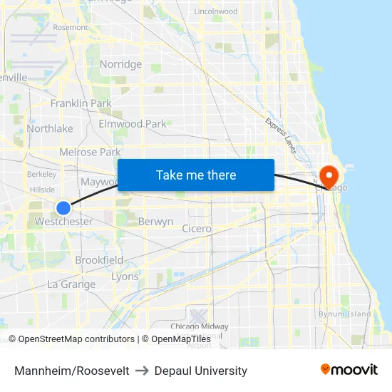 Mannheim/Roosevelt to Depaul University map
