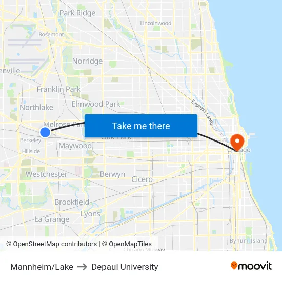 Mannheim/Lake to Depaul University map