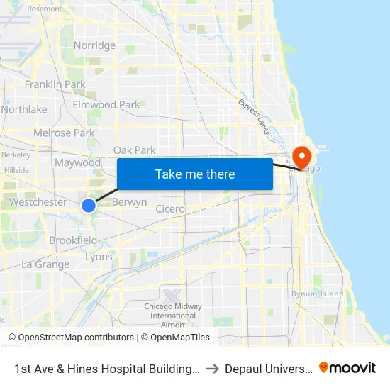 1st Ave & Hines Hospital Building 37 to Depaul University map