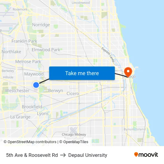 5th Ave & Roosevelt Rd to Depaul University map