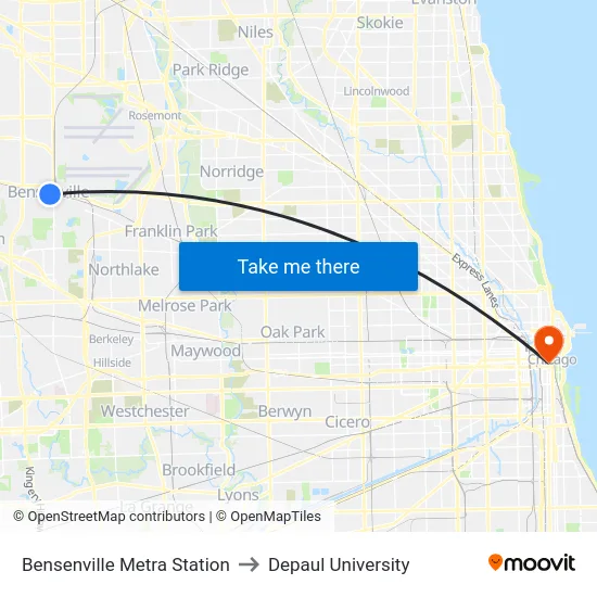 Bensenville Metra Station to Depaul University map