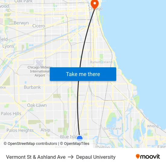 Vermont St & Ashland Ave to Depaul University map