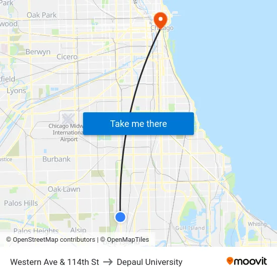 Western Ave & 114th St to Depaul University map