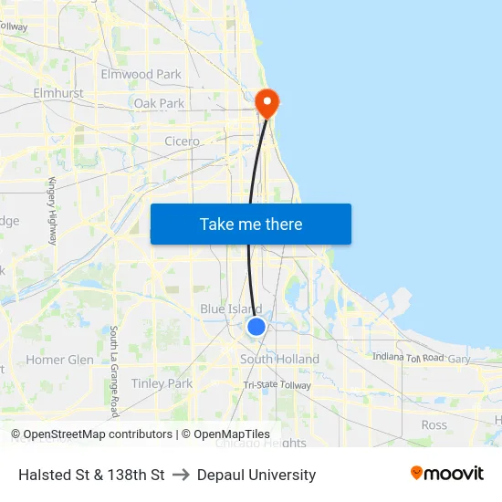 Halsted St & 138th St to Depaul University map