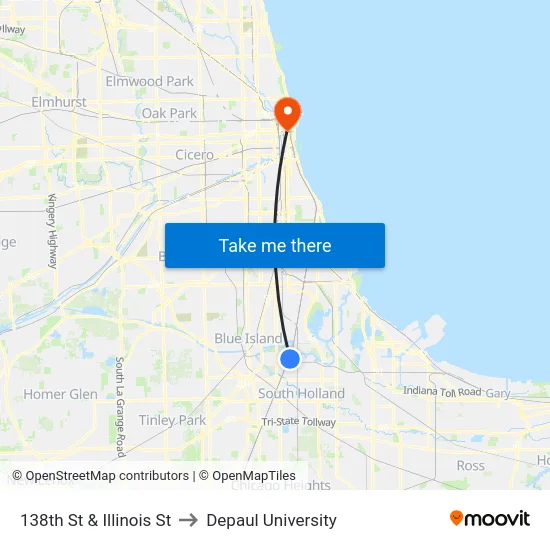138th St & Illinois St to Depaul University map