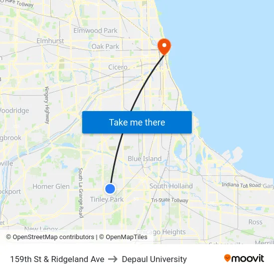 159th St & Ridgeland Ave to Depaul University map