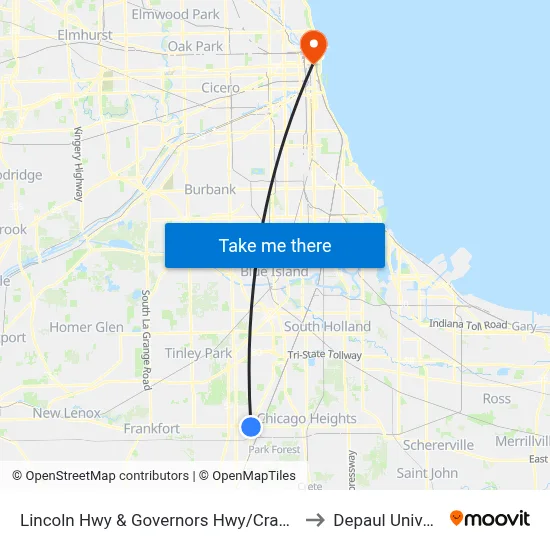 Lincoln Hwy & Governors Hwy/Crawford Ave to Depaul University map