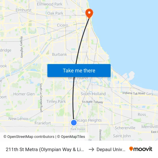 211th St Metra (Olympian Way & Lincoln Hwy) to Depaul University map