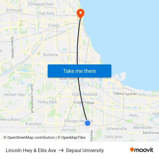Lincoln Hwy & Ellis Ave to Depaul University map