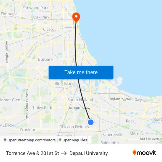 Torrence Ave & 201st St to Depaul University map