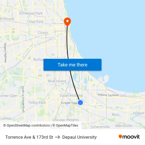 Torrence Ave & 173rd St to Depaul University map
