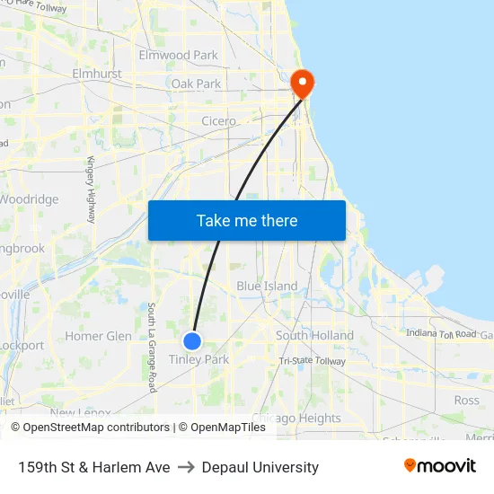 159th St & Harlem Ave to Depaul University map