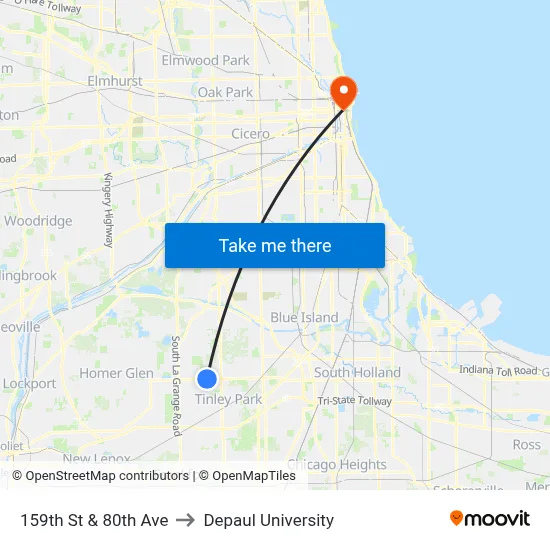159th St & 80th Ave to Depaul University map