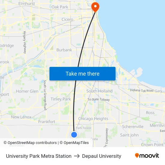 University Park Metra Station to Depaul University map