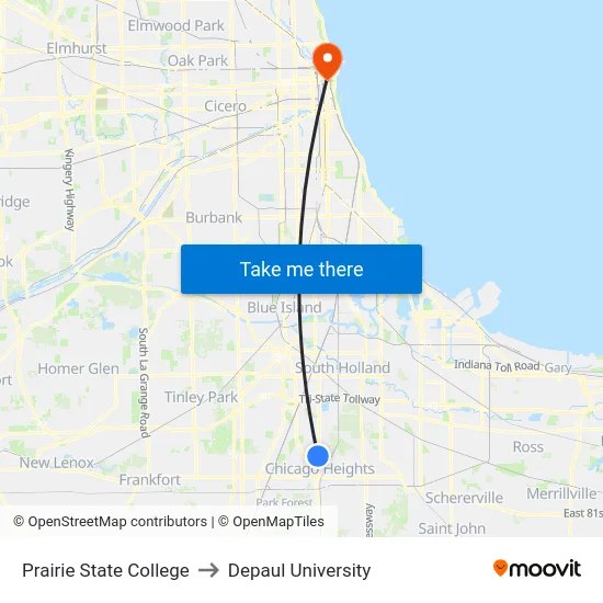 Prairie State College to Depaul University map