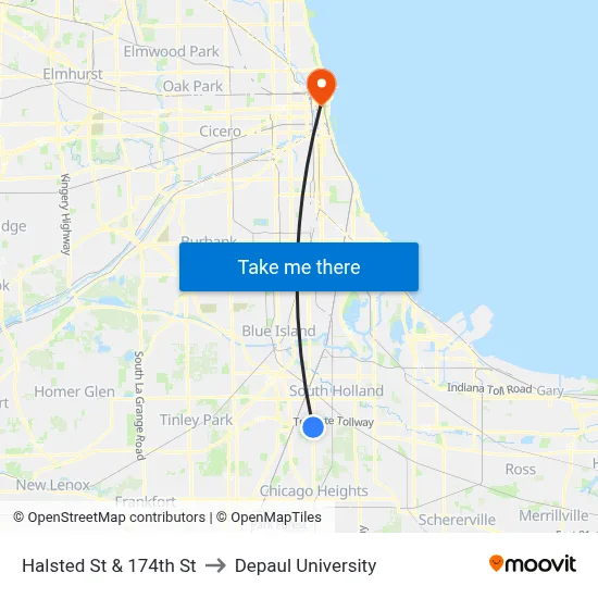 Halsted St & 174th St to Depaul University map