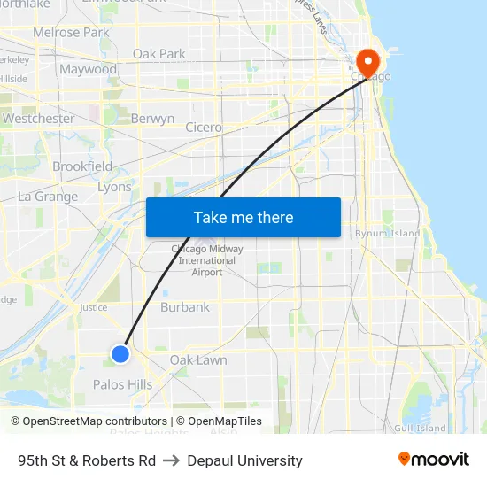 95th St & Roberts Rd to Depaul University map