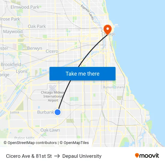Cicero Ave & 81st St to Depaul University map
