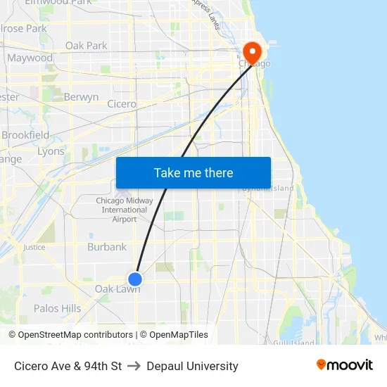 Cicero Ave & 94th St to Depaul University map