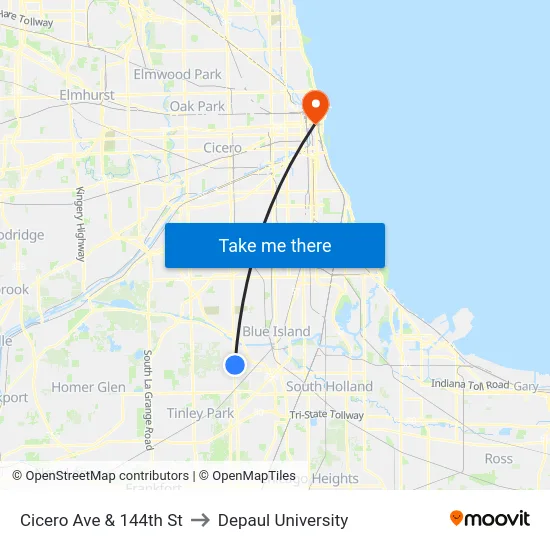 Cicero Ave & 144th St to Depaul University map