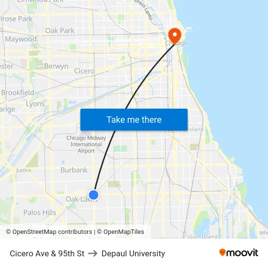 Cicero Ave & 95th St to Depaul University map