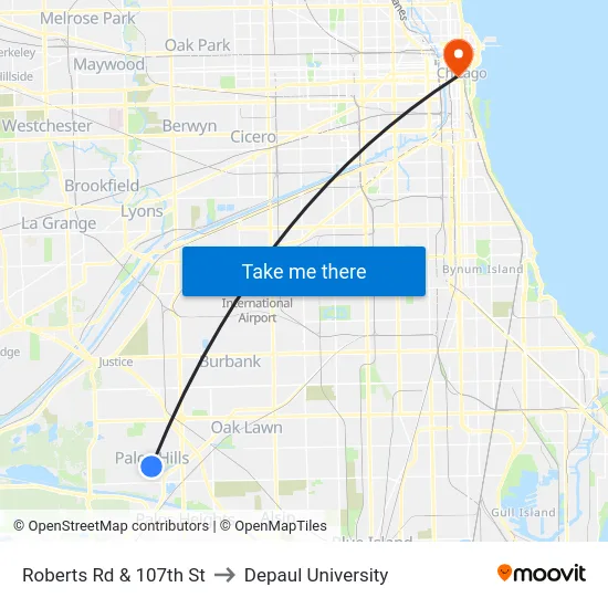 Roberts Rd & 107th St to Depaul University map