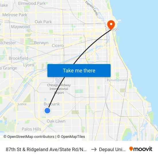 87th St & Ridgeland Ave/State Rd/Narragansett Ave to Depaul University map