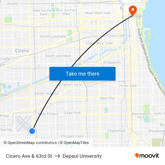 Cicero Ave & 63rd St to Depaul University map