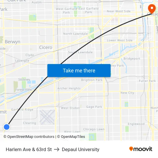 Harlem Ave & 63rd St to Depaul University map