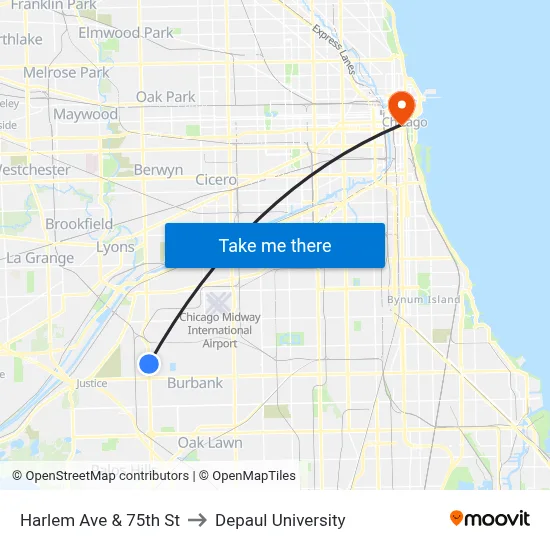 Harlem Ave & 75th St to Depaul University map