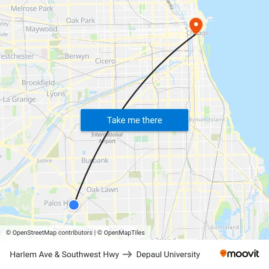 Harlem Ave & Southwest Hwy to Depaul University map