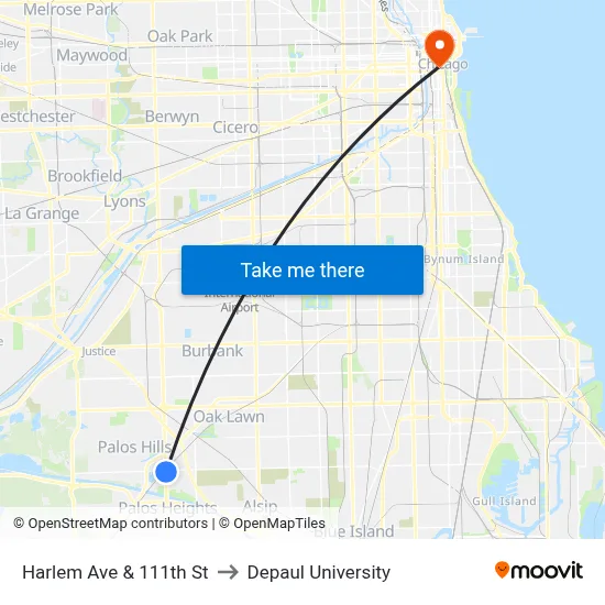 Harlem Ave & 111th St to Depaul University map