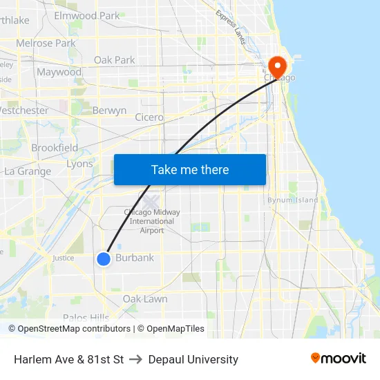 Harlem Ave & 81st St to Depaul University map