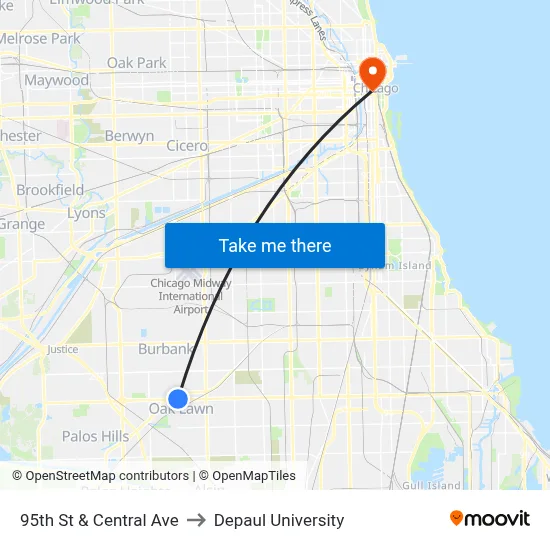 95th St & Central Ave to Depaul University map