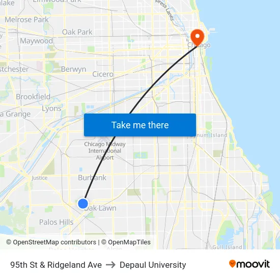 95th St & Ridgeland Ave to Depaul University map