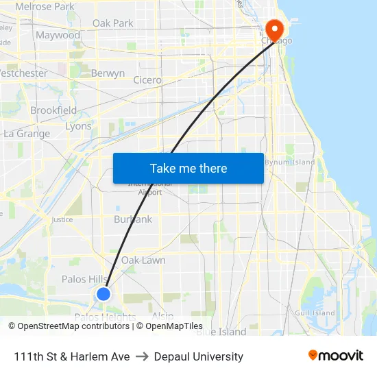 111th St & Harlem Ave to Depaul University map